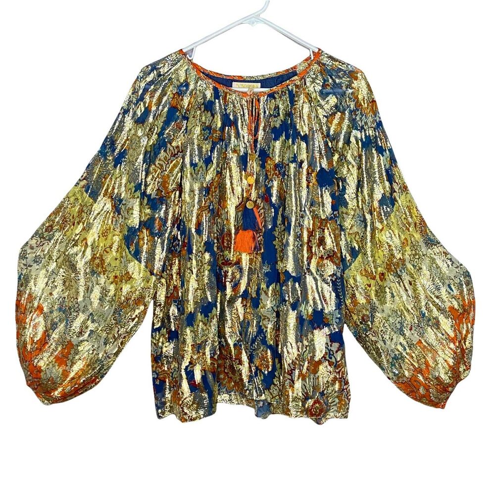 Boho Peasant Blouse Verb Anthropologie Womens Gold Keyhole Neck Flowy Top Size S